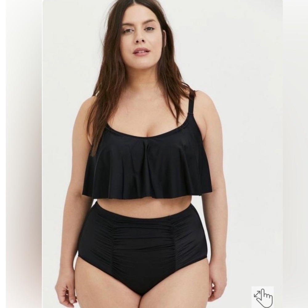 Torrid Bikini Set 6X Black Excellent Wireless Flounce Ruched High Waist